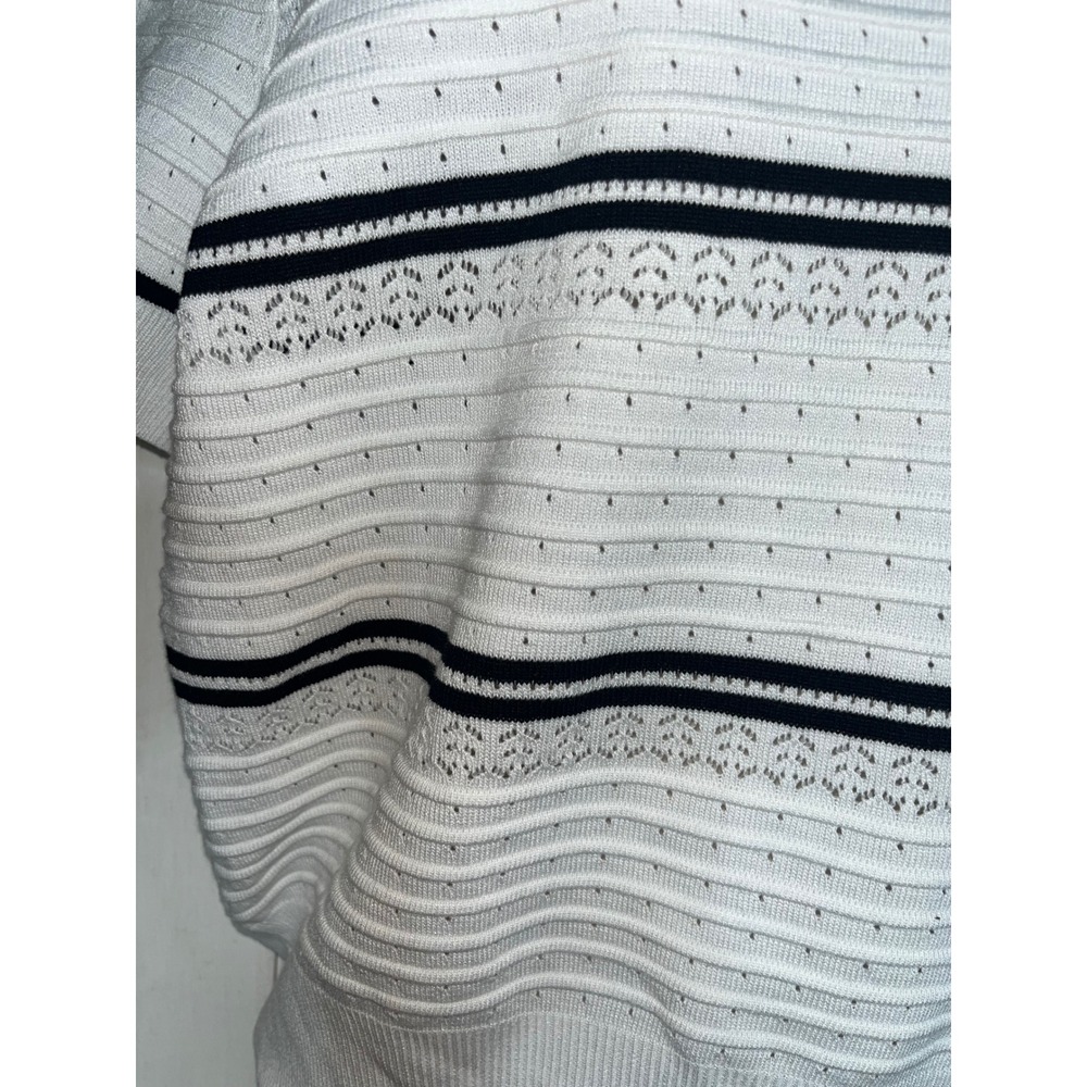 Nanette Lepore Womens White Black Striped Pointelle Knit Short Sleeve Sweater L - Picture 2 of 3